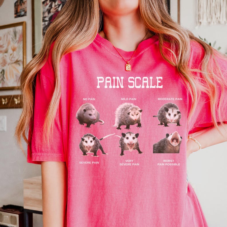 May include: A pink t-shirt with a graphic of a pain scale featuring opossums. The scale ranges from "No Pain" to "Worst Pain Possible".