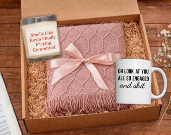 Funny Engagement Gift Set, Personalized Engagement Blanket Mug 11oz Candle Best Friend Coworker Engagement Gift Newly Engaged Couple Present