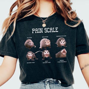 May include: A black t-shirt with a pain scale graphic featuring opossums. The scale ranges from "No Pain" to "Worst Pain Possible".