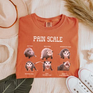 May include: A burnt orange t-shirt with a white graphic of a pain scale featuring opossums. The pain scale ranges from no pain to the worst pain possible.