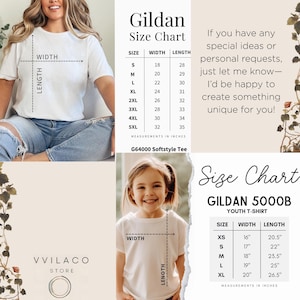 Op de afbeelding: Witte T-shirts met maattabellen voor volwassenen en kinderen. De maattabel voor volwassenen is voor de G64000 Softstyle Tee, en de maattabel voor kinderen is voor de Gildan 5000B Youth T-Shirt. De maten zijn in inches. De afbeelding bevat ook de tekst "VVILACO STORE".