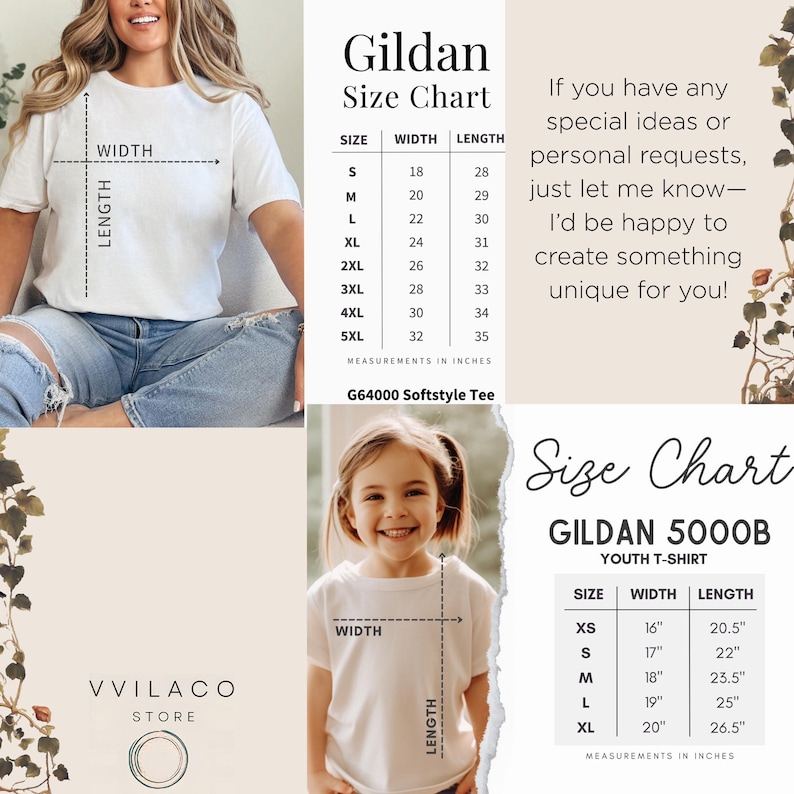 Op de afbeelding: Witte T-shirts met maattabellen voor volwassenen en kinderen. De maattabel voor volwassenen is voor de G64000 Softstyle Tee, en de maattabel voor kinderen is voor de Gildan 5000B Youth T-Shirt. De maten zijn in inches. De afbeelding bevat ook de tekst "VVILACO STORE".