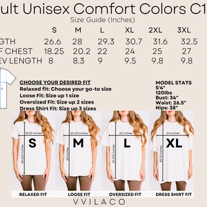 May include: Size chart for unisex t-shirts in sizes S through 4XL. The chart shows measurements in inches for length, half chest, and sleeve length. The chart also includes a guide for choosing the desired fit, with options for relaxed, loose, oversized, and dress shirt fits. A model wearing a t-shirt in each fit is shown below the chart.