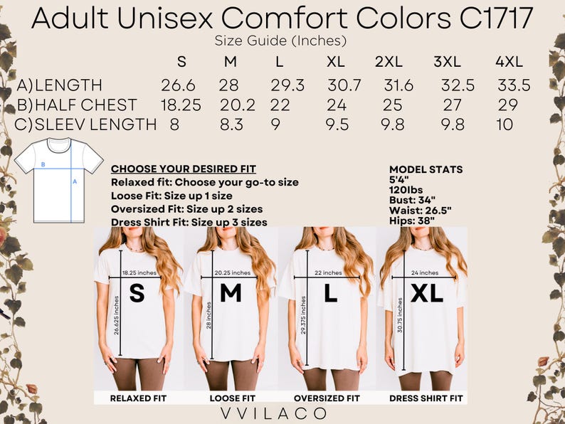 May include: Size chart for unisex t-shirts in sizes S through 4XL. The chart shows measurements in inches for length, half chest, and sleeve length. The chart also includes a guide for choosing the desired fit, with options for relaxed, loose, oversized, and dress shirt fits. A model wearing a t-shirt in each fit is shown below the chart.