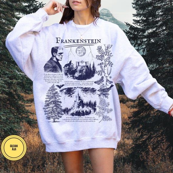 Retro Frankenstein Sweatshirt, Dark Academia Gothic Crewneck, Mary Shelley Book Lover Gift, Literary Monster Fall Sweater