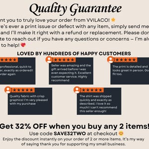 May include: A beige informational graphic titled Quality Guarantee from VVILACO. It features five black rectangular boxes containing five-star customer reviews and text about a discount offer of 32% off when buying two items using code SAVE32TWO.