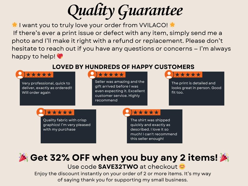 May include: A beige informational graphic titled Quality Guarantee from VVILACO. It features five black rectangular boxes containing five-star customer reviews and text about a discount offer of 32% off when buying two items using code SAVE32TWO.