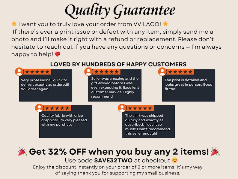 May include: A beige graphic with the text "Quality Guarantee" and customer reviews. The reviews include phrases like "Very professional," "Excellent customer service," and "Quality fabric." The graphic also includes a discount offer.