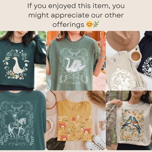 May include: A collage of different t-shirt designs featuring nature-inspired illustrations. The designs include a swan, a goose, a deer, a knight riding a horse, and two birds. The shirts are in various colors, including green, beige, and white.