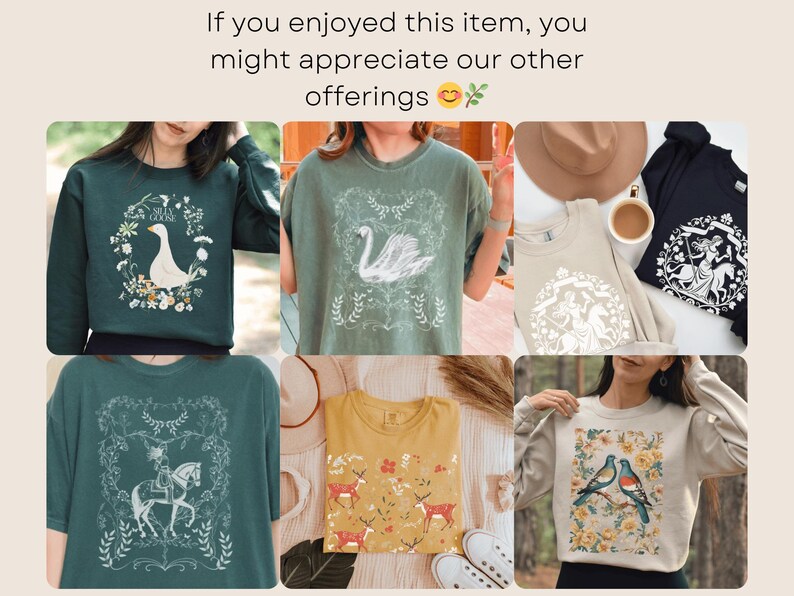 May include: A collage of different t-shirt designs featuring nature-inspired illustrations. The designs include a swan, a goose, a deer, a knight riding a horse, and two birds. The shirts are in various colors, including green, beige, and white.