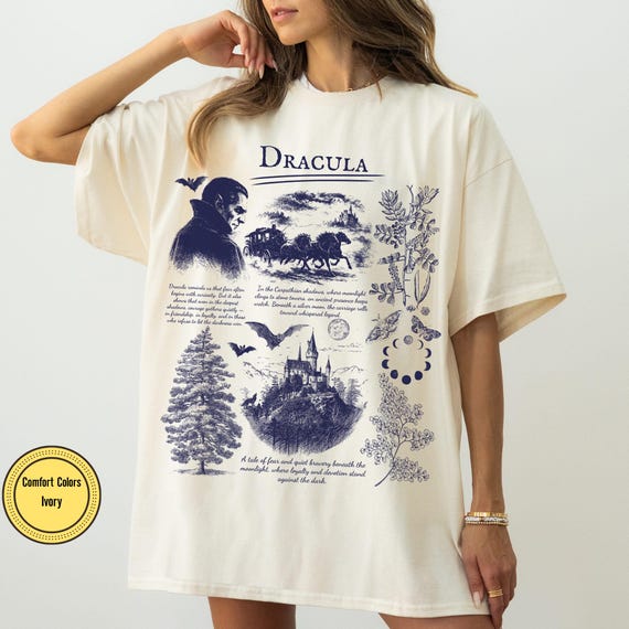 Retro Dracula Vampire Comfort Colors  Shirt, Gothic Literature T-Shirt with Bats Dark Academia Book Lover Halloween Spooky Autumn Season Top