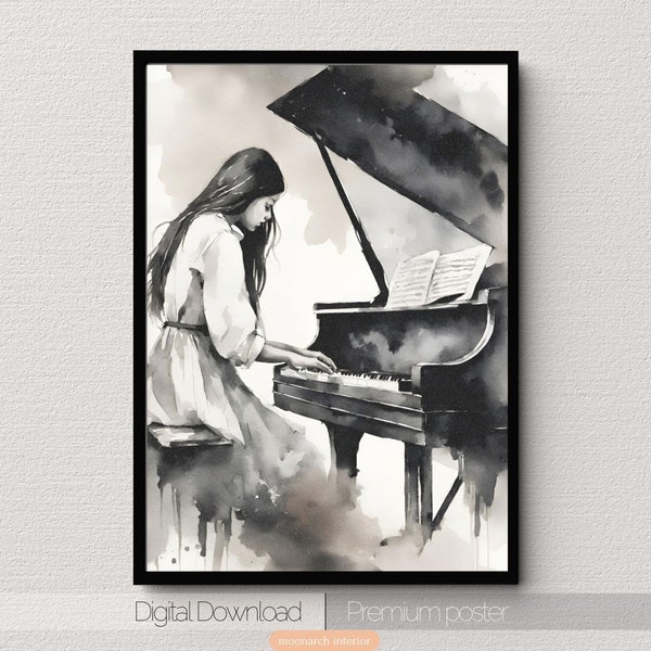 Antique watercolor wall art, woman wall art, printable wall art, abstract wall art, vintage print, above bed decor,piano wall art, music