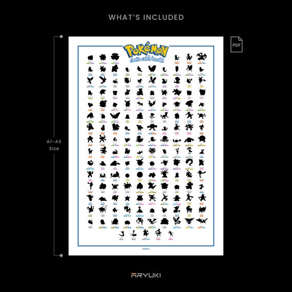 ポケモン図鑑 カントー地方 PDF シルエットポスター A1,A2,A3,A4 & A5