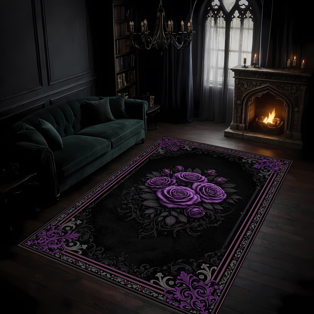 Gothic Purple Rose Rug, Dark Floral Area Rug, Witchy Home Decor ...