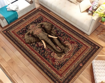 Elephant Oriental Rug, Exotic Boho Elephant Area Rug, Vintage Style Floor Mat, Safari Jungle Decor, Area Rug, Living Room Rug