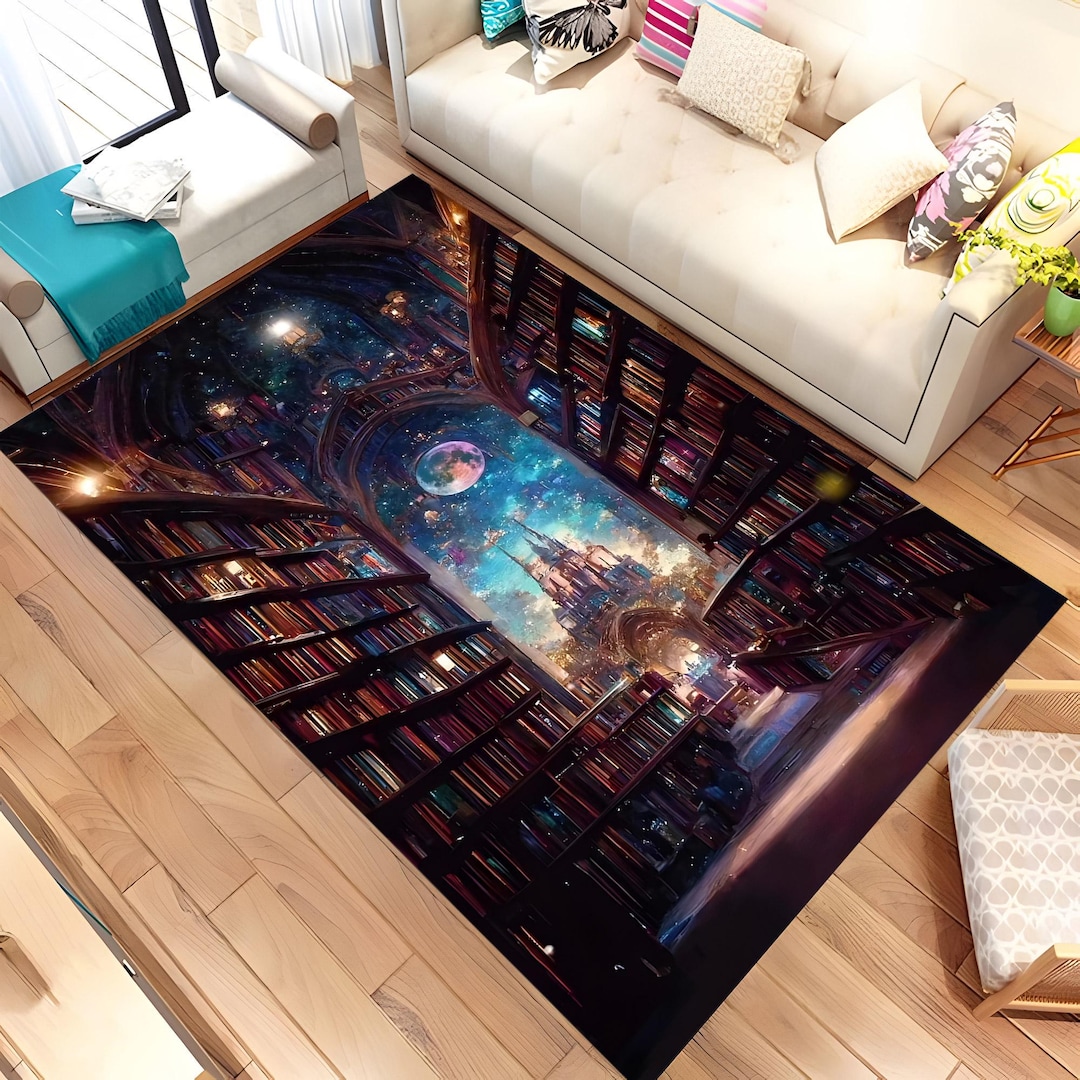 Home Library Area Rug Book Rug, Space Library Rug, Library Rug, Castle Rug, Moon Rug, Gift ...