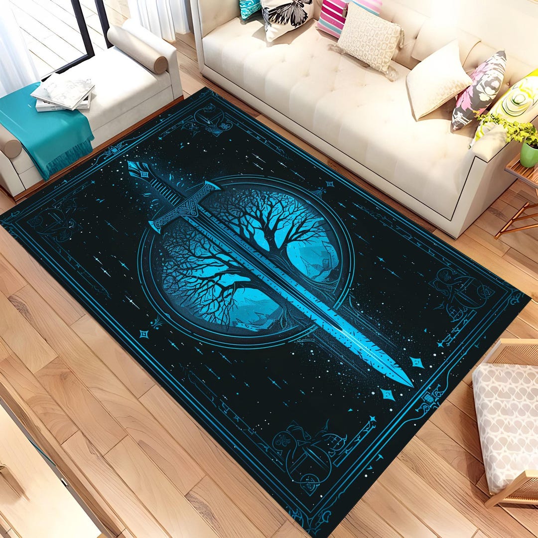Sword Fish Rug Sword Design Rug, Tree of Life Rug, Blue Design, Tarot Card Rug, Home ...