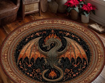 Alfombra redonda Dragón de Fuego – Alfombra de fantasía medieval, decoración gótica de dragón, alfombra para sala de juegos, alfombra con diseño de criatura mítica, alfombra redonda, alfombra de área