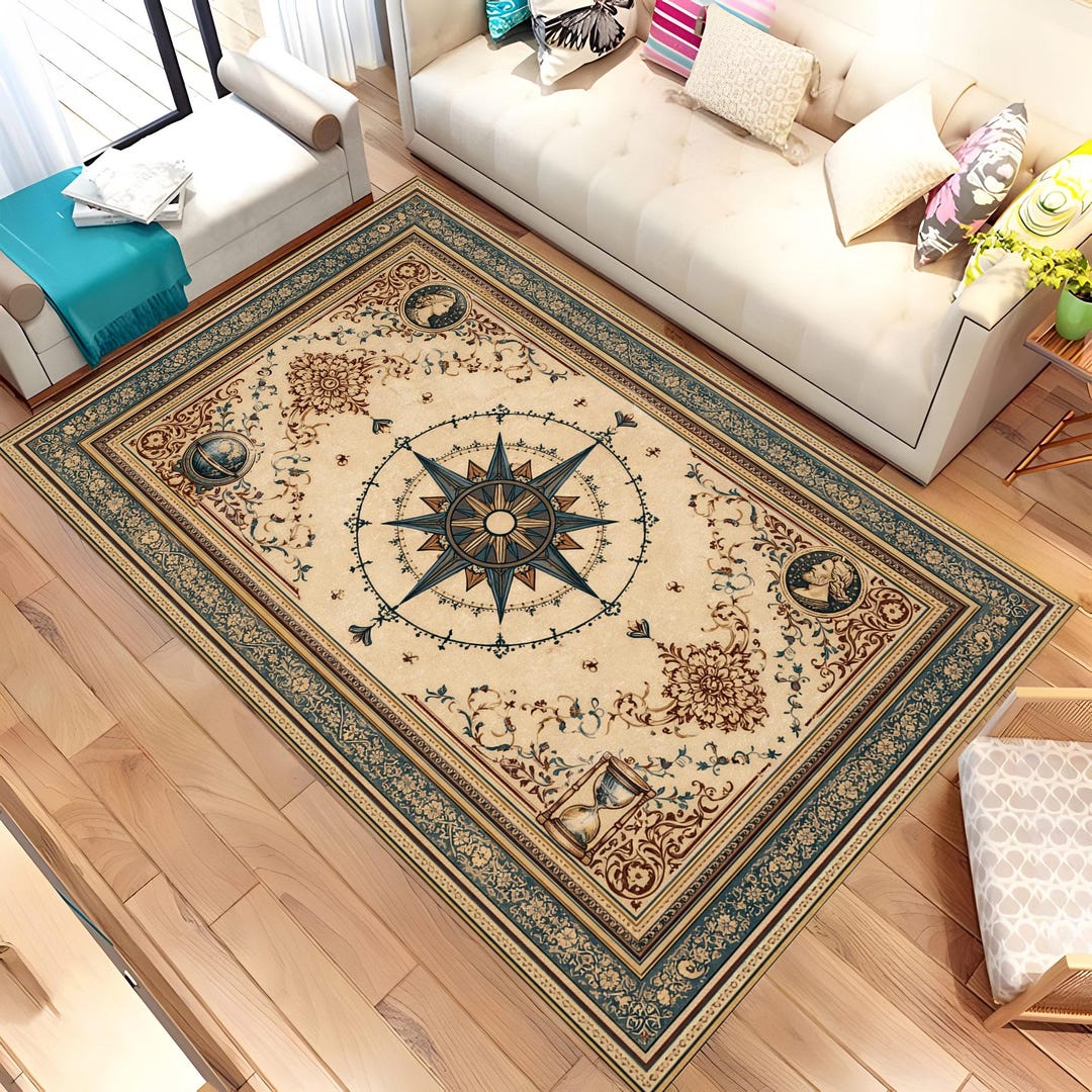 Vintage Compass Rose Rug, Nautical Map Area Rug, Antique Navigation ...