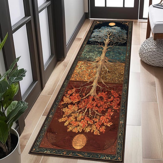 Vier Jahreszeiten Baum des Lebens Teppichläufer, Mystischer Baum Flur Teppich, Boho Korridor Läufer, Natur Inspirierter Langer Teppich, Baum des Lebens Teppich
