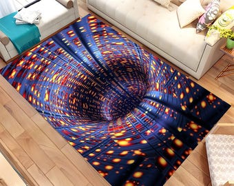 May include: A rectangular area rug featuring a deep blue and black geometric grid pattern that creates a three-dimensional tunnel effect, accented with glowing yellow and orange circular light motifs throughout the design.