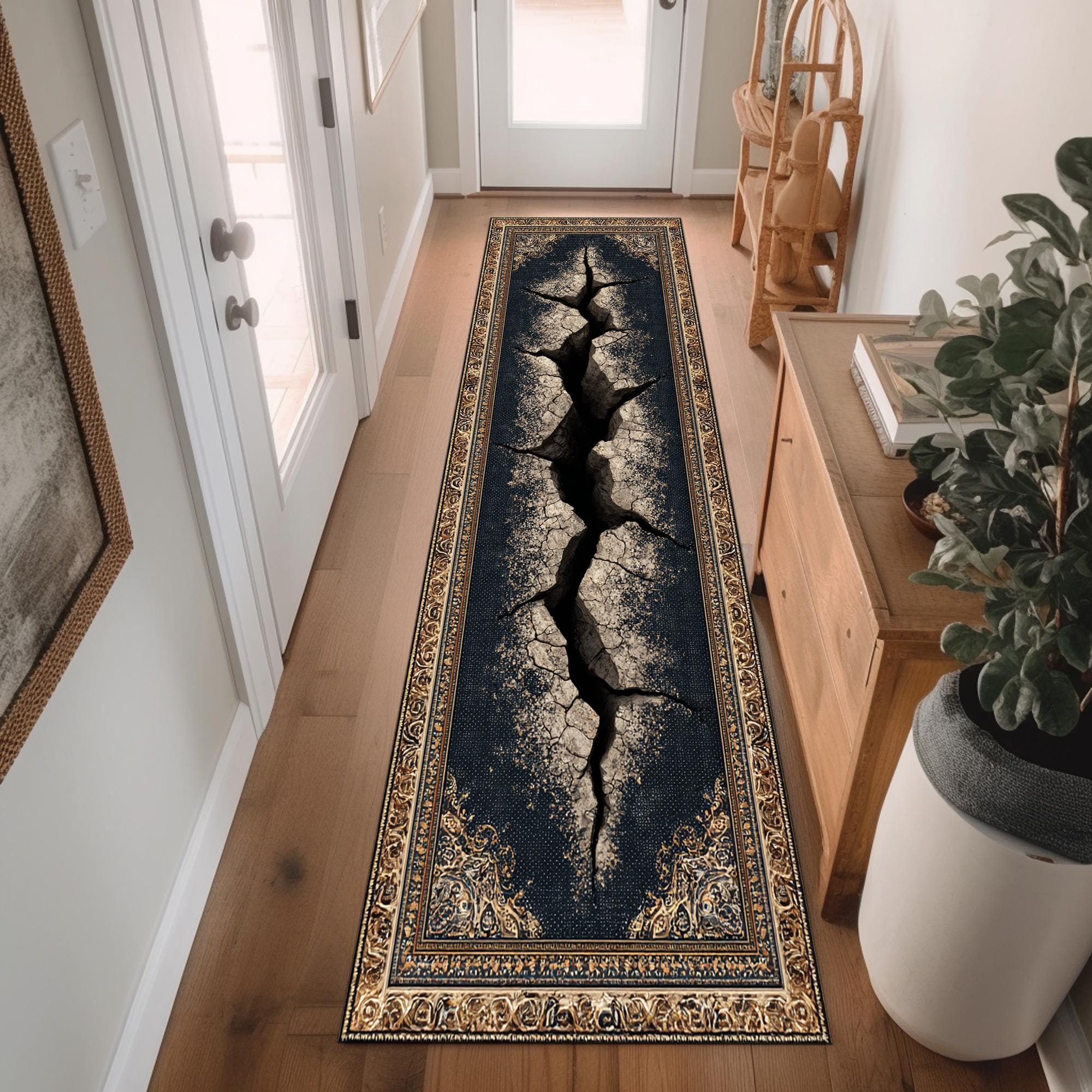 Creak Pattern Rug 3D Cracked Floor Rug, Optical Illusion Runner Carpet, Realistic Broken ...