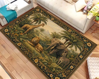 May include: Rectangular area rug featuring a jungle scene with a giraffe, lion, elephant, and zebra. The rug has a dark border with floral patterns and a central design with palm trees and a mountain backdrop. The color palette includes greens, browns, and yellows.