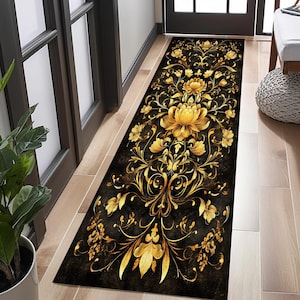 Floral Gold Runner Rug: Vintage Baroque Hallway Carpet
