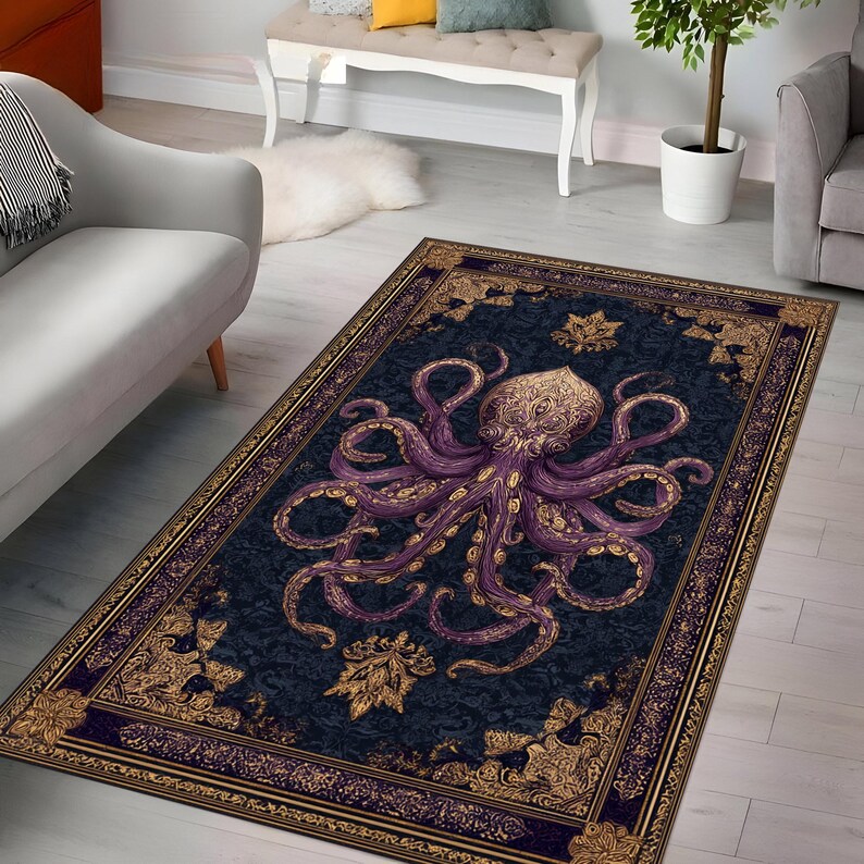 Vintage Octopus Teppich, Krakenteppich, Erstaunlicher Oktopusteppich, Tierteppich, Wohnzimmerteppich, Goth-Dekor, Dekorteppich, personalisiertes Geschenk, Bild 4