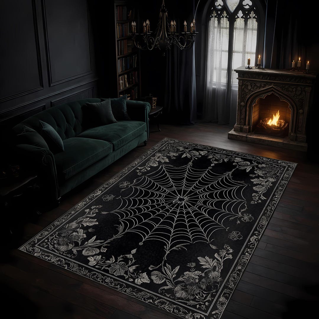 Gothic Spider Web Area Rug, Black Gothic Rug, Dark Academia Decor, Goth ...