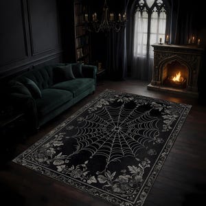 Carpette gothique toile d'araignée, tapis gothique noir, décoration universitaire sombre, carpette gothique, tapis de salon, tapis de salon lavable, carpette