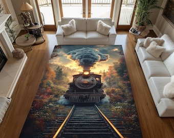 Steam Train Area Rug: Non-Slip Railway Design