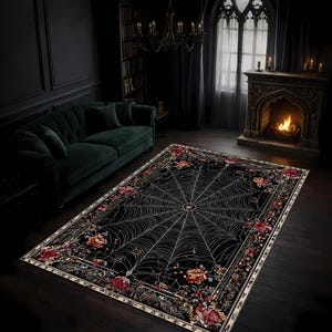 Gothic Spider Web Area Rug, Black Gothic Rug For Dark Academia Decor, Goth Area Rug, Living Room Rug, Washable Living Room Rug, Area Rug