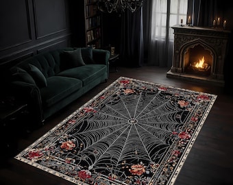 Gothic Spider Web Area Rug, Black Gothic Rug For Dark Academia Decor, Goth Area Rug, Living Room Rug, Washable Living Room Rug, Area Rug