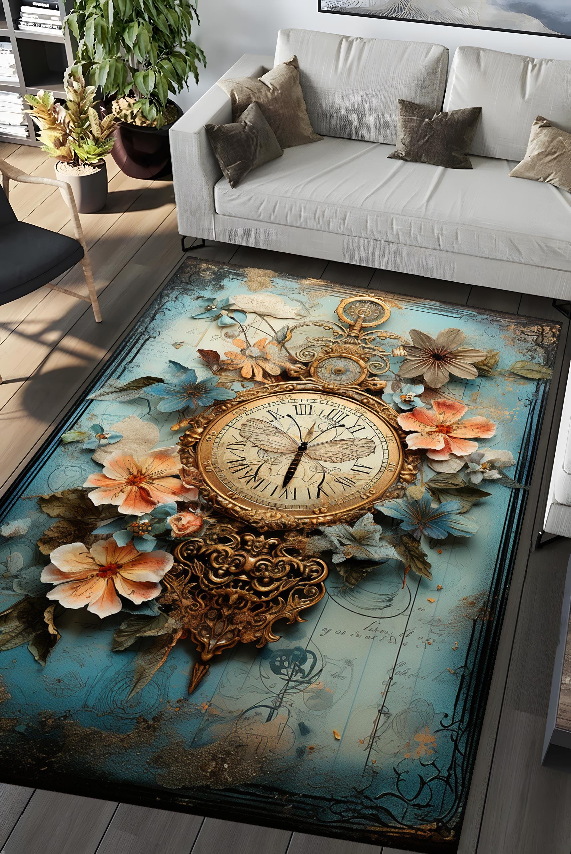Clock Rug, Flowers Rug, 3D Rug, Clock Patterned Rug, Home Decor ...