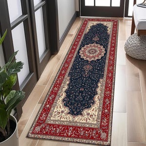 Classic Runner Rug, Vintage Oriental Hallway Carpet, Traditional Navy Red Long Rug, Timeless Luxury Home Decor, Runner, Runner Rug