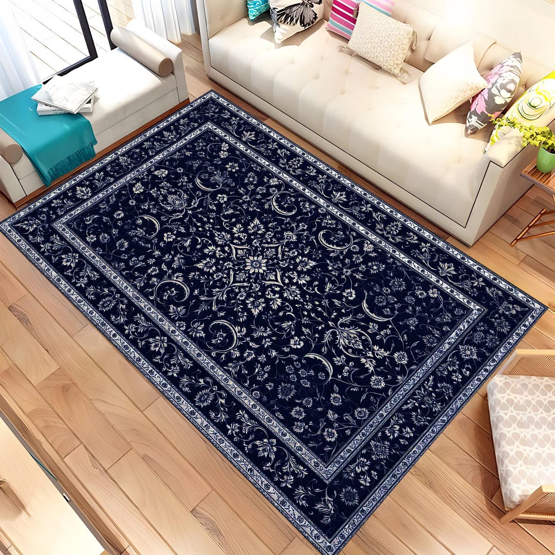 Navy Blue Design Rug, Traditional Floral Area Rug, Vintage Oriental ...