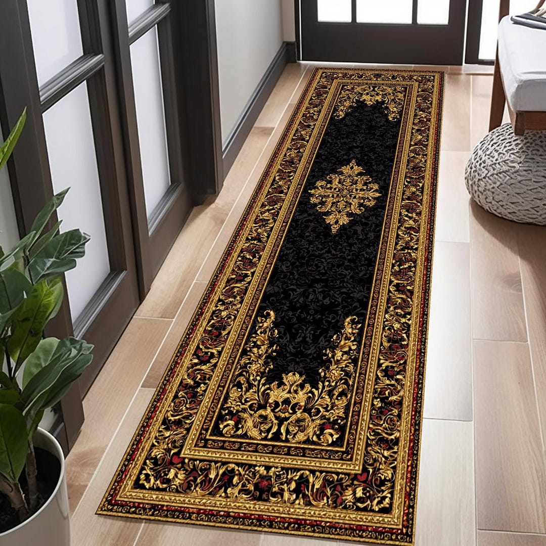 Luxury Black and Gold Runner Rug, Baroque Style Hallway Carpet, Elegant ...