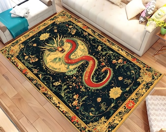 Orientalisk drakmatta, vintage kinesisk matta, boho golvdekor, draktema hempresent, unik vardagsrumsmatta, julklappsidé