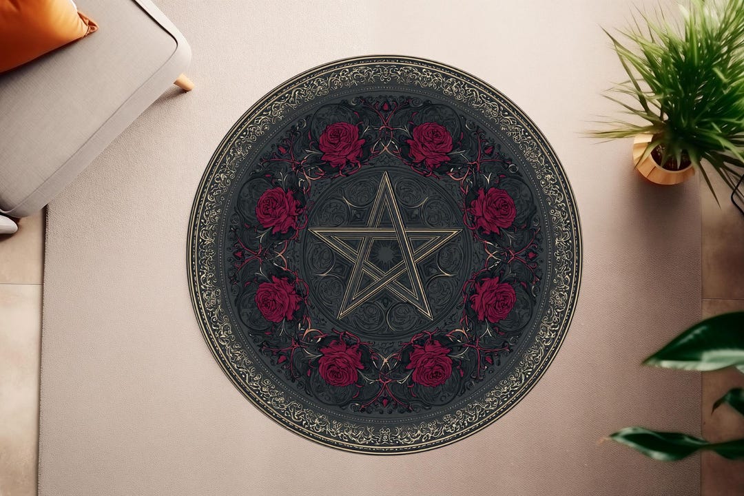 Gothic Pentagram Round Rug, Dark Rose Occult Carpet, Black & Red Floral ...