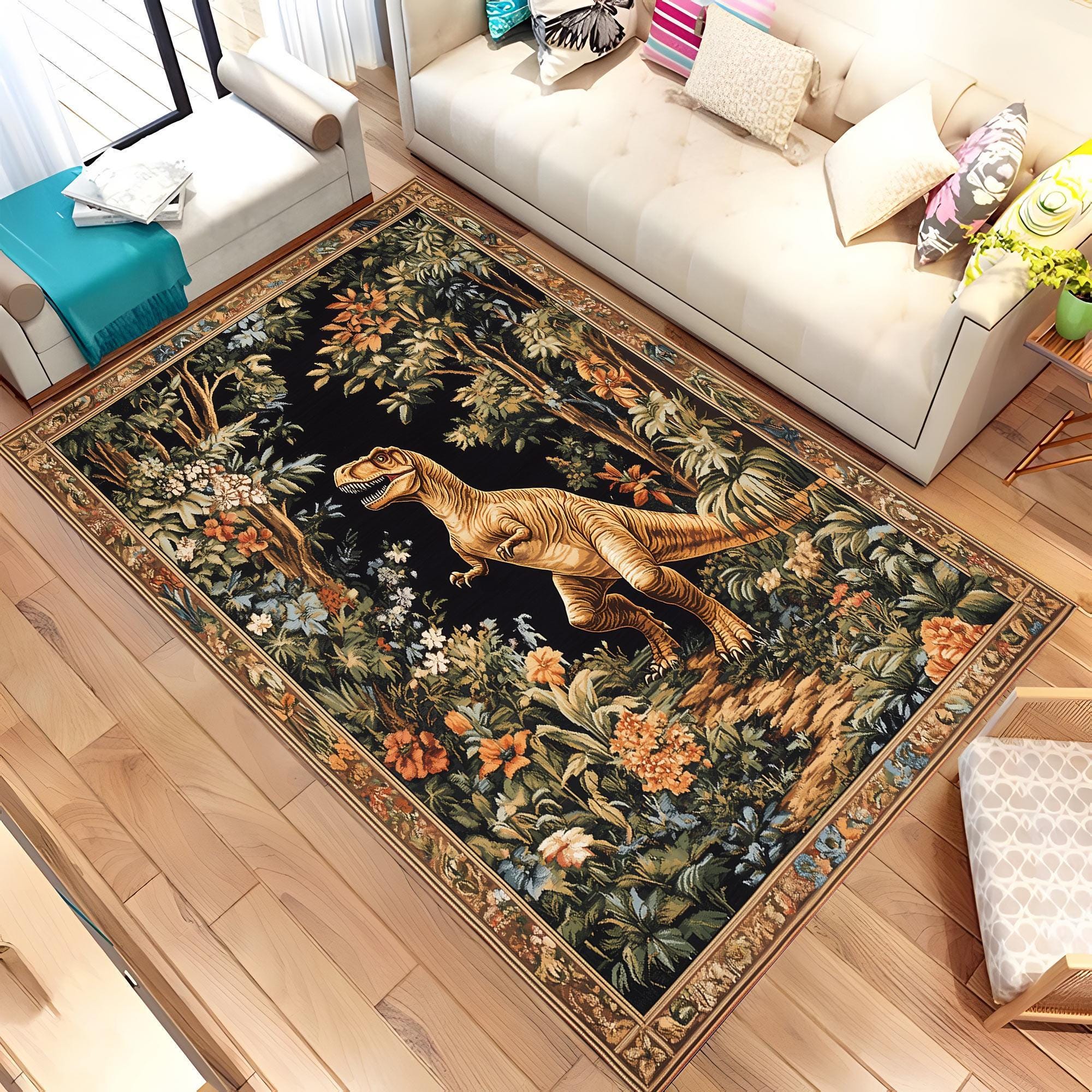 Dinosaur Jungle Area Rug, T-rex Forest Rug, Living Room Rug