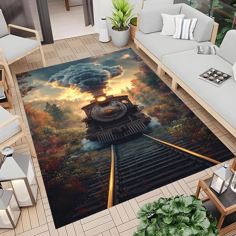 Red Train Rug Train Rug, Train Pattern Rug, Railway Rug, Steam Train Rug, Tree Rug ...