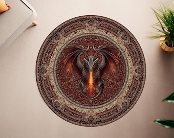 Alfombra redonda Dragón de Fuego – Alfombra de fantasía medieval, decoración gótica de dragón, alfombra para sala de juegos, alfombra con diseño de criatura mítica, alfombra redonda, alfombra de área