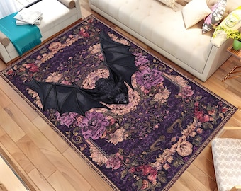 Bat Rug, Gothic Rug For Bat Decor, Gothic Rug For Goth Room Decor, Purple Rug, Area Rug, Soft Rug, Cool Rug, Living Room Rug, Custom Rug
