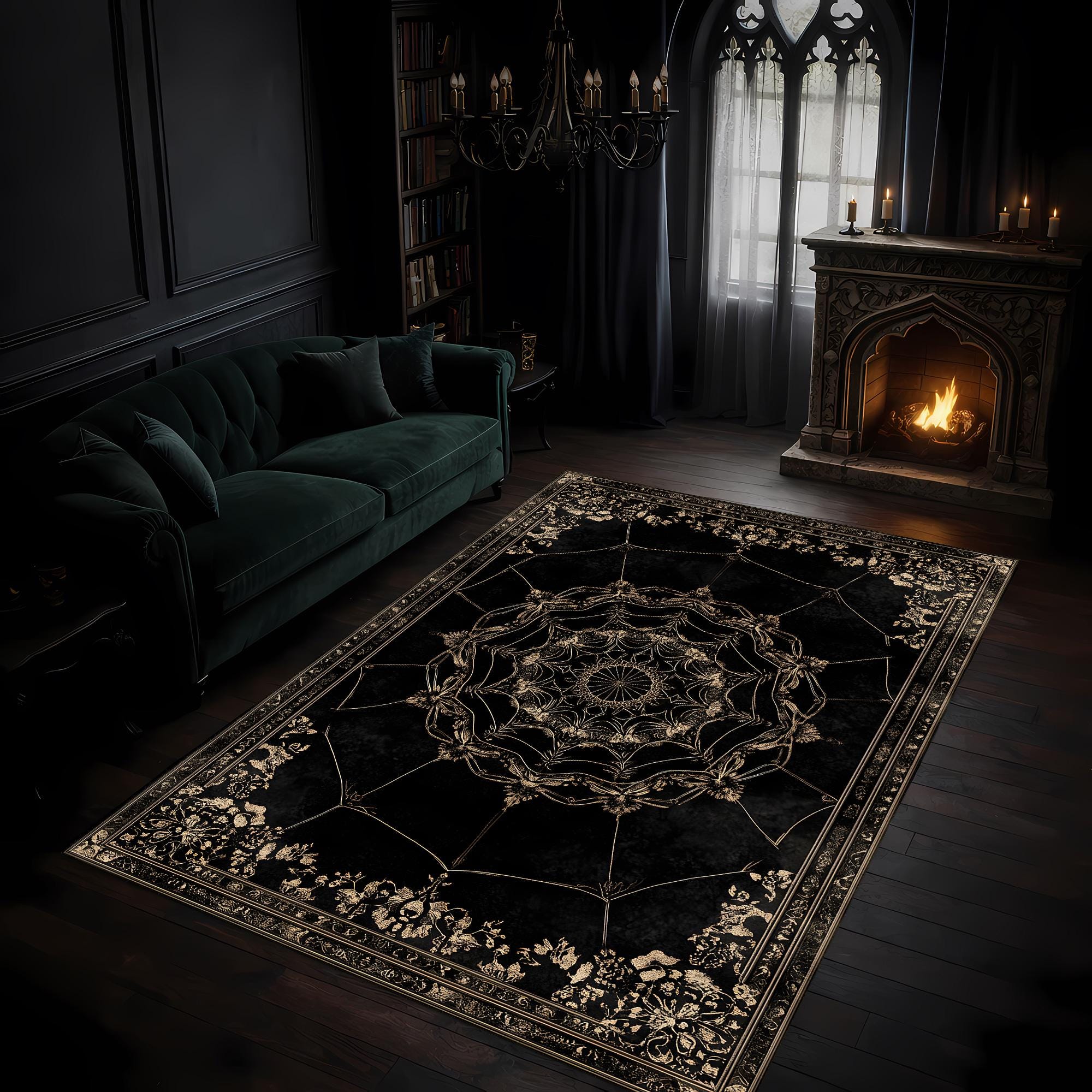 Gothic Spider Web Area Rug, Black Gothic Rug for Dark Academia