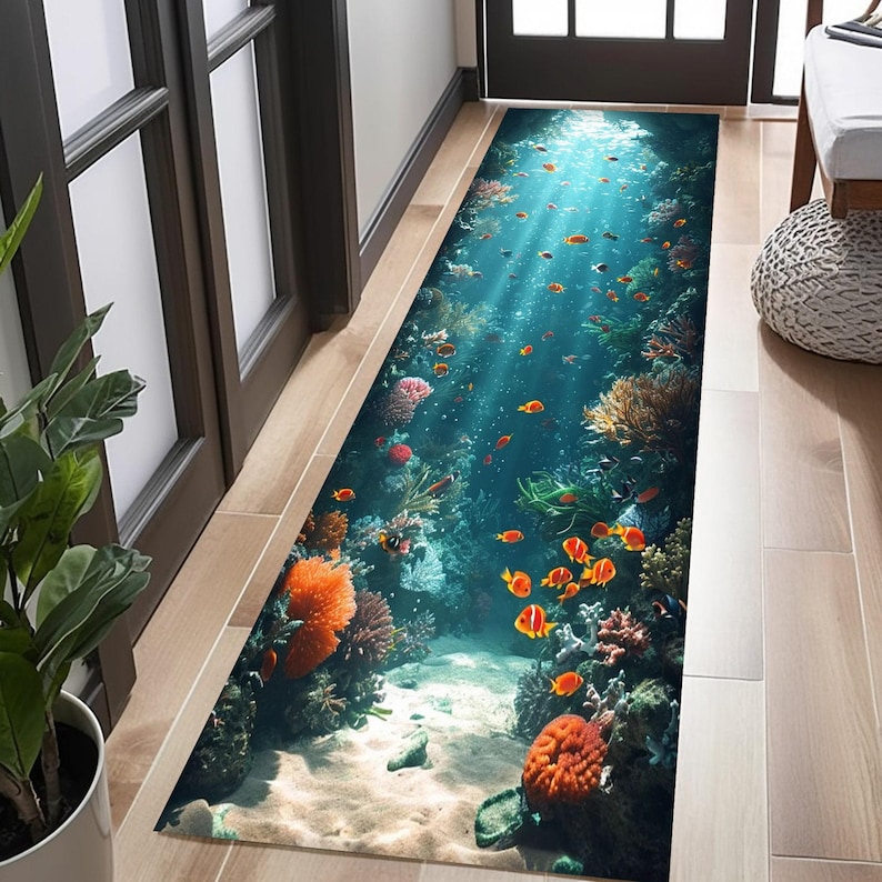 Ocean Rug, Fish Rug, Tropical Fish Rug, Underwater Fish View Rugs, Gift Runner Rug, Hallway Rug, Decor Long Rug, Modern Rug, Home Decor image 1