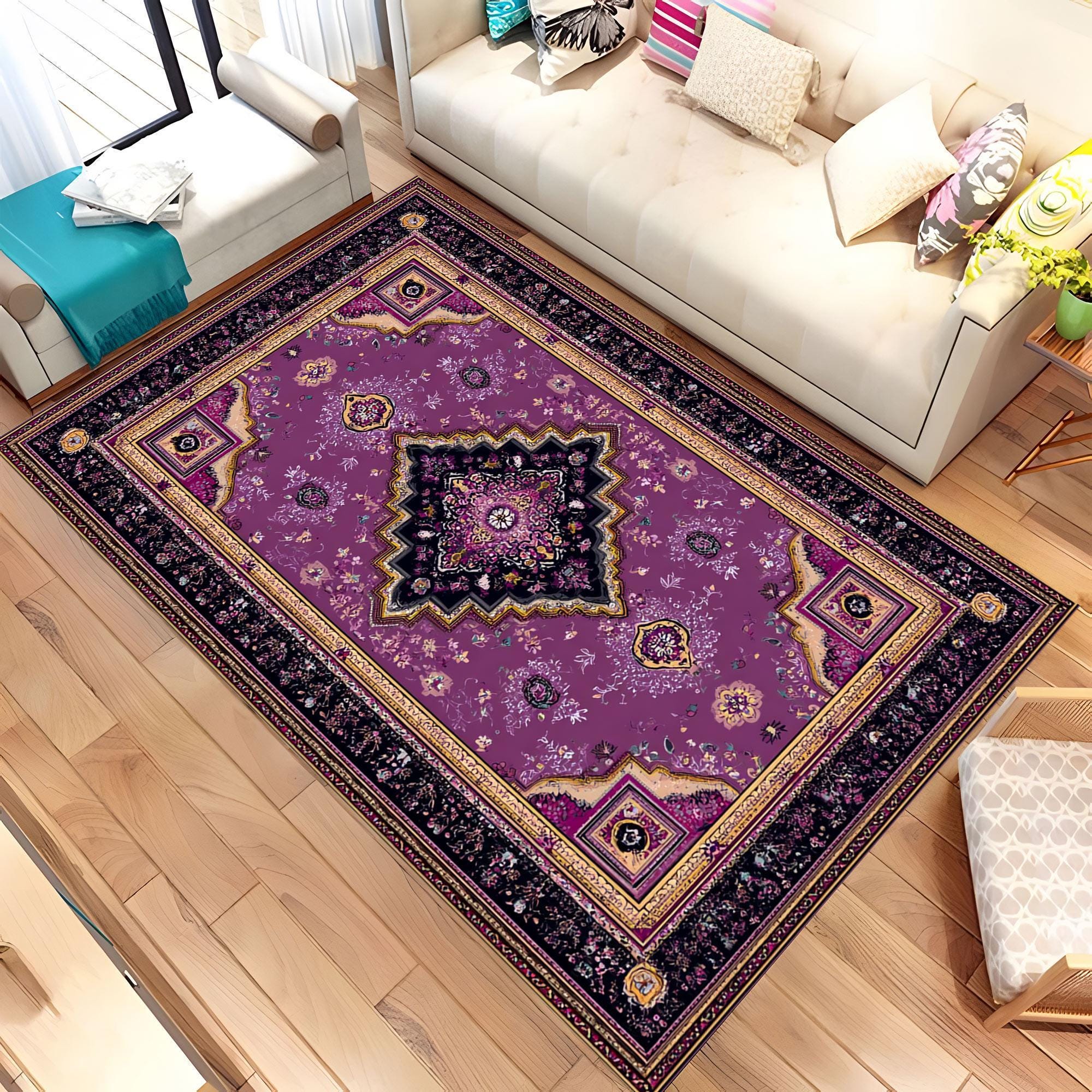 Purple Boho Area Rug, Gothic Boho Medallion Carpet, Vintage Style