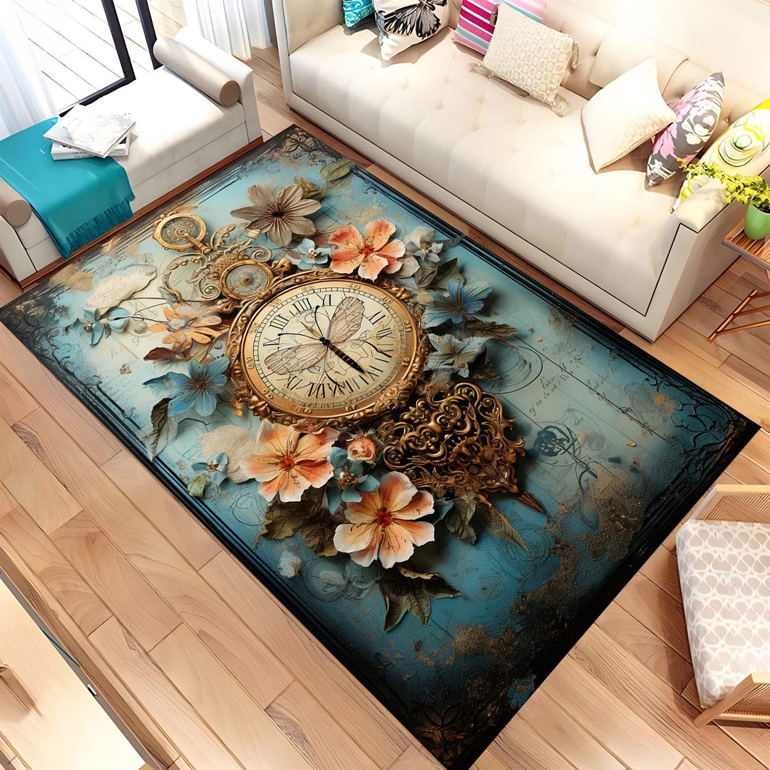 Clock Rug, Flowers Rug, 3D Rug, Clock Patterned Rug, Home Decor ...