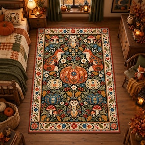 May include: A rectangular area rug featuring a dark green background with a symmetrical pattern of two foxes, two owls, a large central orange pumpkin, smaller blue and white pumpkins, red mushrooms, and floral motifs.
