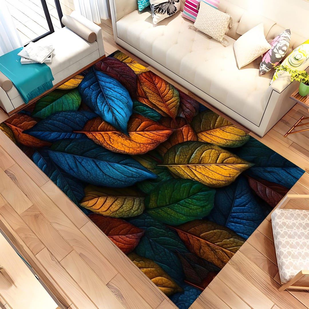 Colorful Folded Rug Colorful Rug, Leaf Rug, Colorful Leaf Rug, Leafs Pattern Rug, Living ...